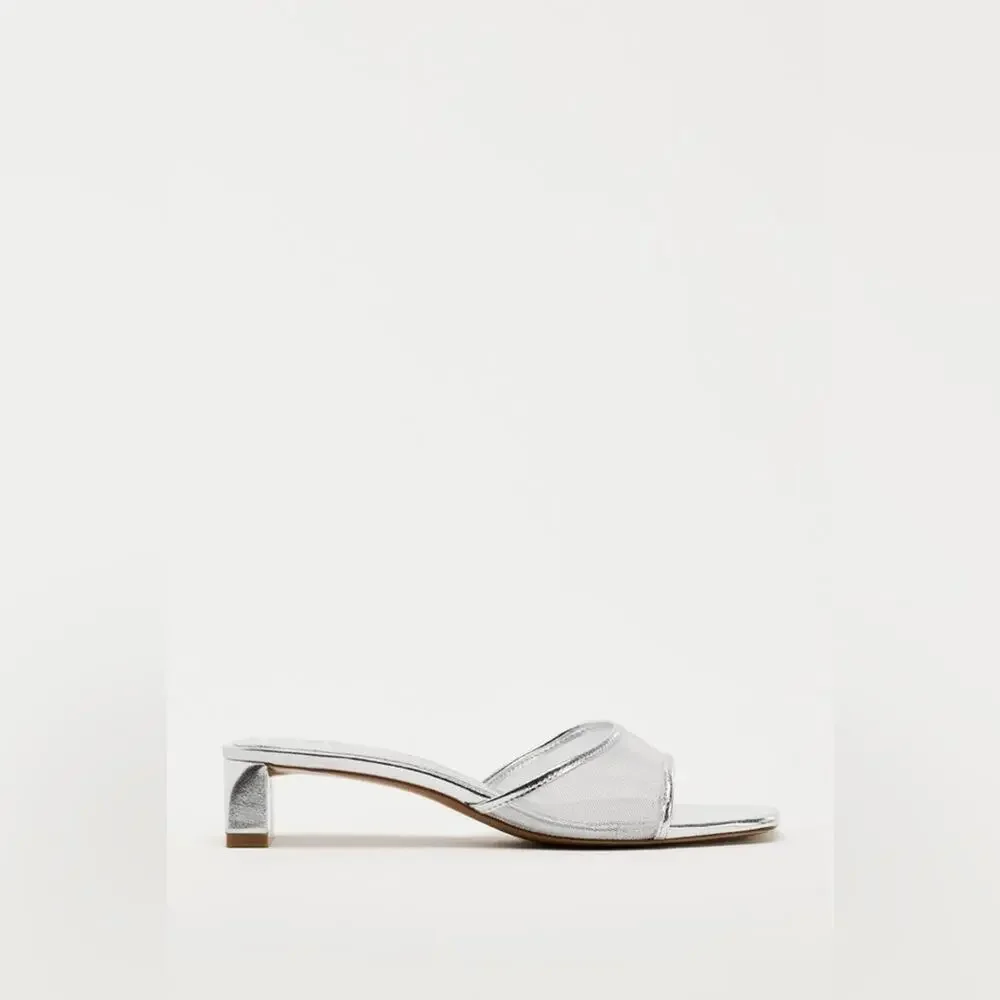 Zara Silver METALLIC MESH HEELED SLIDES Size 7.5 - Picture 3 of 13
